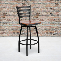 Flash Furniture HERCULES Series Black Ladder Back Swivel Metal Bar Stool - Cherry Wood Seat XU-6F8B-LADSWVL-CHYW-GG